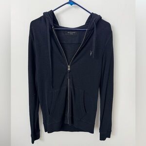 AllSaints Clashed Hoodie Navy Waffle Knit Zip Up Ramskull Logo XS